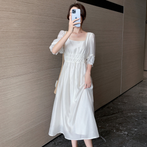RM11841#新款灯笼袖系带收腰过膝连衣裙女夏法式温柔风高级感白色长裙