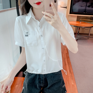 RM11609#夏季新款韩版宽松POLO领短袖白色衬衫女时尚减龄小衫洋气上衣