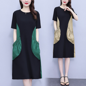 RM15917#撞色拼接连衣裙2023夏季新款女装中长款洋气减龄大码宽松显瘦裙子