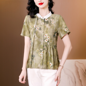 RM11746#夏季新款遮肚显瘦翻领印花妈妈洋气小衫