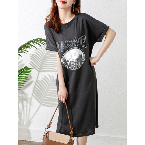 RM11667#夏季新款设计感宽松休闲印花中长款T恤连衣裙