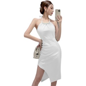 Real time French high-end celebrity pearl neck hanging dress for women in summer with irregular waistband and split butt