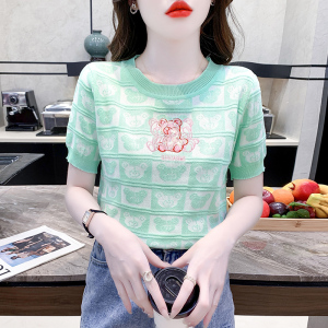 RM12593#新款甜美气质短袖圆领卡通亮片小熊宽松针织衫T恤上衣女