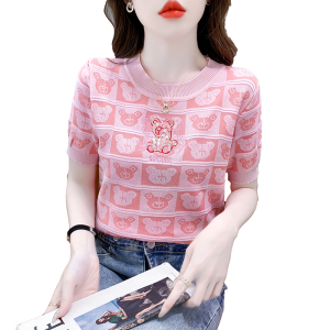 RM12593#新款甜美气质短袖圆领卡通亮片小熊宽松针织衫T恤上衣女