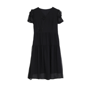 TR43893# 夏季新款雪纺短袖修身显瘦遮肚黑色连衣裙 服装批发女装批发服饰货源