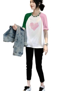 TR30619# 拼色爱心短袖T恤女宽松大版洋气时尚减龄上衣夏季新款欧洲站