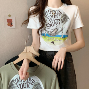 RM16267#美式复古椰树印花百搭短袖T恤女独特艺术涂鸦上衣