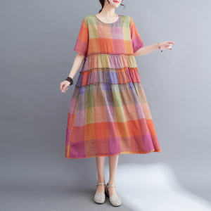 RM14012#夏季新款气质文艺大码裙子拼接褶皱宽松休闲大摆中长款连衣裙