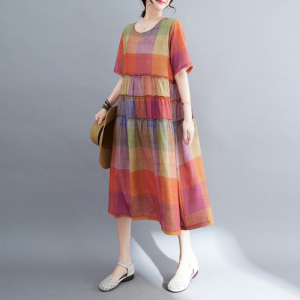 RM14012#夏季新款气质文艺大码裙子拼接褶皱宽松休闲大摆中长款连衣裙