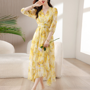 RM13433#夏季黄色印花欧洲站五分袖大码收腰显瘦连衣裙