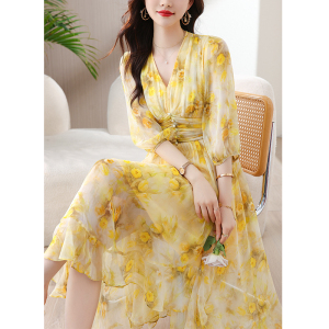 RM13433#夏季黄色印花欧洲站五分袖大码收腰显瘦连衣裙
