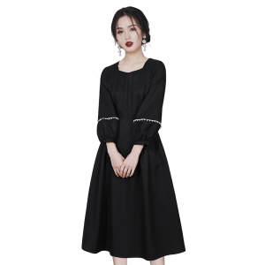 RM11715#法式黑色连衣裙女2023春装新款收腰显瘦气质赫本风方领小黑裙