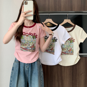 RM13990#粉色短袖t恤女正肩夏季新款圆领字母收腰显瘦辣妹短款上衣