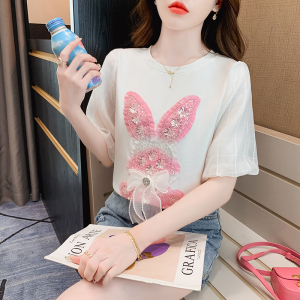 RM21174#短袖T恤女夏装新款重工钉珠卡通雪纺袖拼接气质洋气上衣