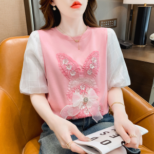 RM21174#短袖T恤女夏装新款重工钉珠卡通雪纺袖拼接气质洋气上衣