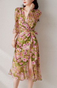 RM11977#夏季新款年轻花色开叉鱼尾收腰显瘦喇叭袖遮肉气质花色连衣裙