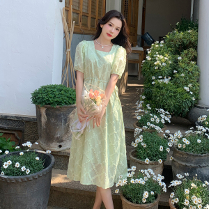 RM15700#新款法式甜美风泡泡袖高级感方领收腰长裙