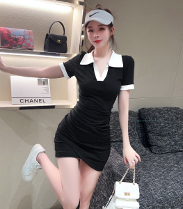 POLO Neck Slim Fit Dress Design Feeling Chest Wrap Hip Skirt for Women