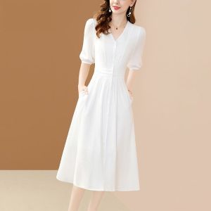 TR49802# 法式肌理感连衣裙女夏季新款时尚高档V领气质显瘦白色中长裙 服装批发女装批发服饰货源