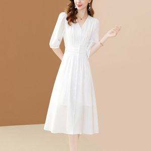 TR49802# 法式肌理感连衣裙女夏季新款时尚高档V领气质显瘦白色中长裙 服装批发女装批发服饰货源