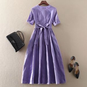TR34718# 夏季新款通勤气质V领紫色连衣裙女短袖收腰显瘦中长A字裙