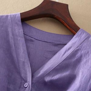 TR34718# 夏季新款通勤气质V领紫色连衣裙女短袖收腰显瘦中长A字裙