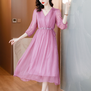 RM11995#茶歇法式粉色v领连衣裙夏季海边度假风沙滩裙收腰显瘦中长裙