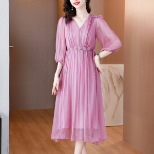RM11995#茶歇法式粉色v领连衣裙夏季海边度假风沙滩裙收腰显瘦中长裙