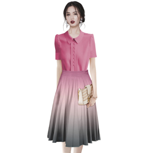 RM11902#时尚休闲套装女2023夏粉色短袖衬衣渐变色半身裙两件套