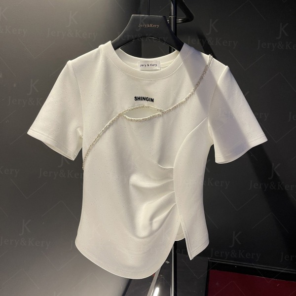 RM11926#夏季新款小众设计感镂空收腰显瘦满天星白色短袖T恤