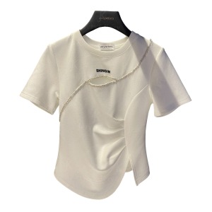 RM11926#夏季新款小众设计感镂空收腰显瘦满天星白色短袖T恤