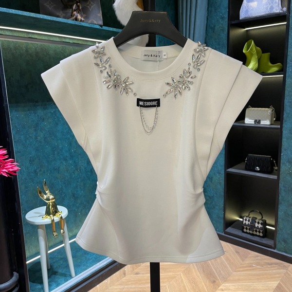 RM11927#夏季时尚高级百搭背心设计师圆领重工气质纯色T恤女
