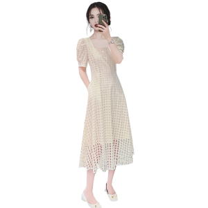 RM11907#法式高级感连衣裙女夏季2023新款气质蕾丝方领小个子收腰显瘦裙子