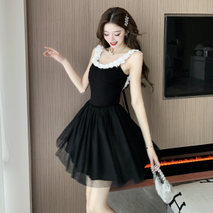 Ballet style black suspender dress， mesh puffy skirt for women， new summer style， waistband open back princess short ski