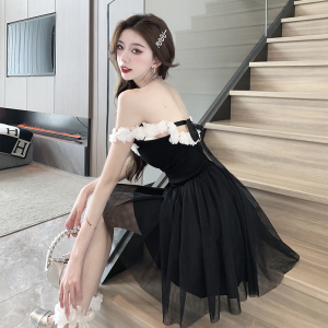 Ballet style black suspender dress， mesh puffy skirt for women， new summer style， waistband open back princess short ski