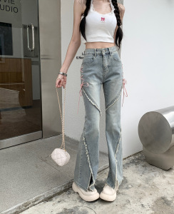 RM23270#美式开叉微喇叭牛仔裤女春秋新款绑带高腰辣妹显瘦直筒设计感裤子