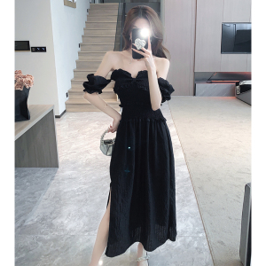 French Tea Break Dark Pattern Bubble Sleeve Skirt Two Wear Women's Summer New Hepburn Style Advanced Feel Slim Pure Desi