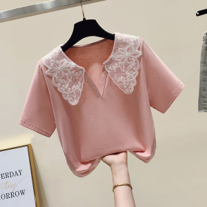 RM12042#蕾丝娃娃领上衣提花设计感百搭甜美短袖v领T恤