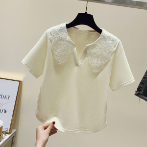 RM12042#蕾丝娃娃领上衣提花设计感百搭甜美短袖v领T恤