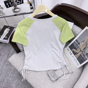 RM14105#夏季卡通修身短袖t恤女薄款抽褶设计感小众正肩撞色上衣