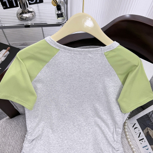 RM14105#夏季卡通修身短袖t恤女薄款抽褶设计感小众正肩撞色上衣