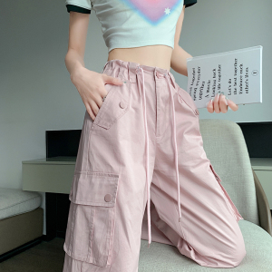 RM12043#粉色工装裤女2023夏季直筒阔腿宽松型休闲辣妹美式街头休闲运动裤