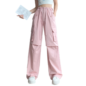 RM12043#粉色工装裤女2023夏季直筒阔腿宽松型休闲辣妹美式街头休闲运动裤