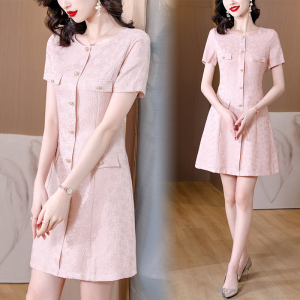 RM11905#小香风连衣裙女夏2023新款气质粉色减龄显瘦提花小个子A字裙