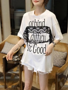 TR30623# 蕾丝拼接宽松大版洋气短袖T恤女休闲减龄上衣夏季新款欧洲站