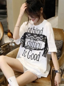 TR30623# 蕾丝拼接宽松大版洋气短袖T恤女休闲减龄上衣夏季新款欧洲站