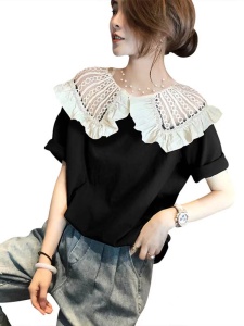 TR30624# 娃娃领镂空设计感小众T恤衫女修身显瘦短款上衣夏装新款欧货