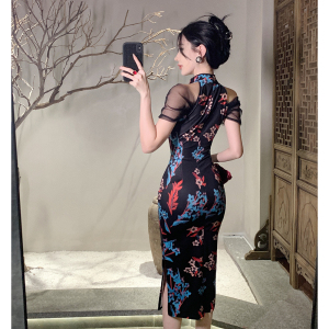 RM20160#性感时尚主播复古中长款开叉网纱显瘦包臀旗袍连衣裙