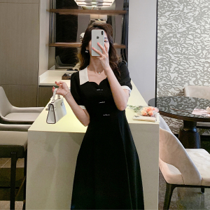 RM13885#新款黑色气质通勤连衣裙女夏季长款收腰显瘦a字裙子