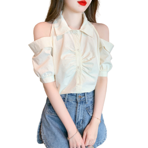 TR30551# 高级感法式纯色短袖衬衫女夏季新款露肩修身开衫雪纺衫上衣